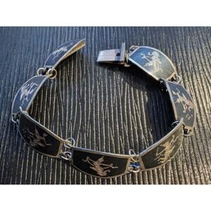 Vintage 50s SIAM Nielloware Thai Sterling Silver Station Link Bracelet